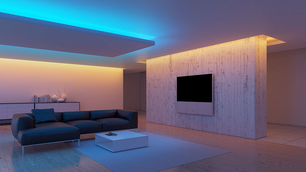 Плинтусы с LED-подсветкой для современной гостиной